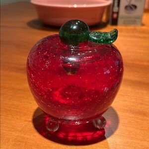 Red crackle glass apple with removable green glass stem used for catching gnats